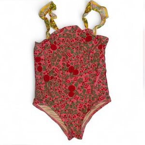 Roller Rabbit Girls 6X Small One Piece Swimsuit Floral Roses Pink Yellow Ruffle